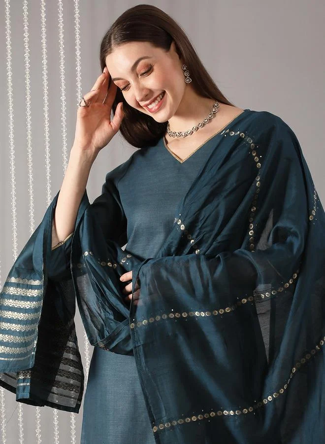 Globus  Women Teal Woven Straight Kurta with Pant and Matching Dupatta Set for Women | Best Price UAE